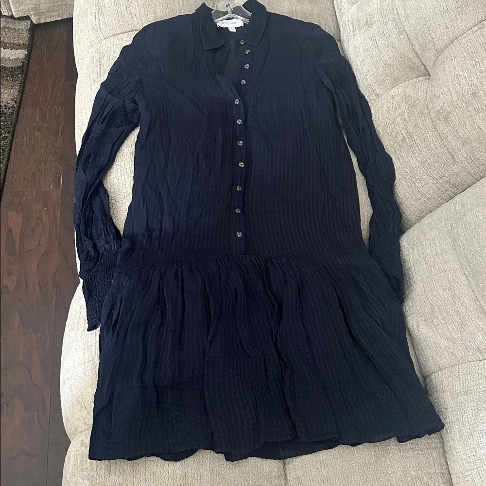 WITCHERY Stripe Pintuck Dress Navy Drop Shoulder, Waist Dress Button Front Sz 8 - Picture 11 of 15